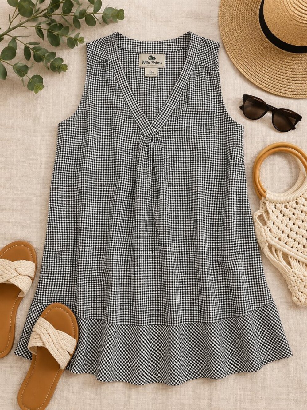 Wild Palms Black White Gingham Sleeveless Tunic Dress Large Cottagecore